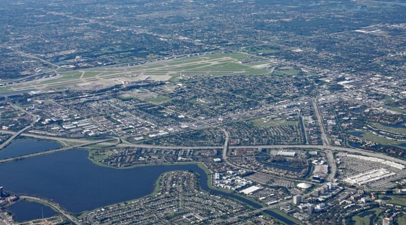 Aerial view of the Palm Beach International (PBI) airport in West Palm Beach, Florida