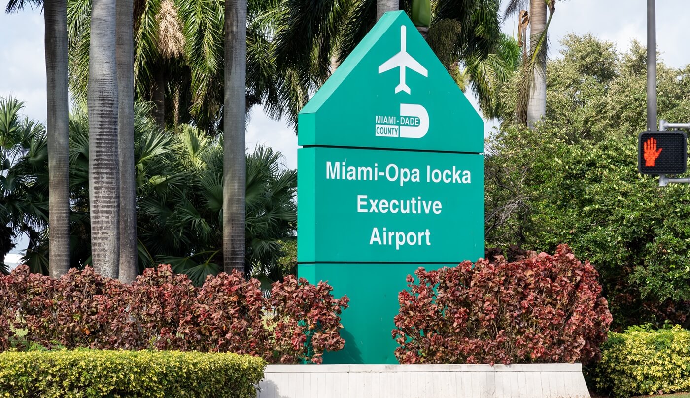 Miami Opa Locka Executive Airport sign is shown in Opa Locka