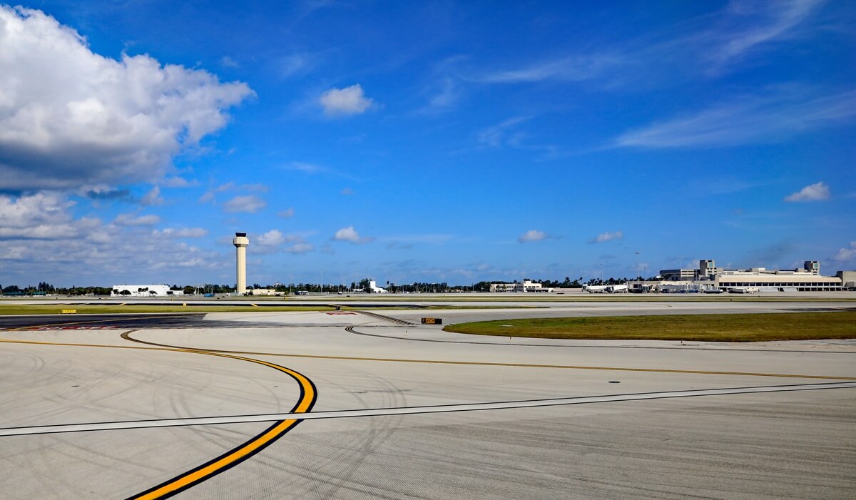 The Palm Beach International airport terminal and control tower, in West Palm Beach, Florida